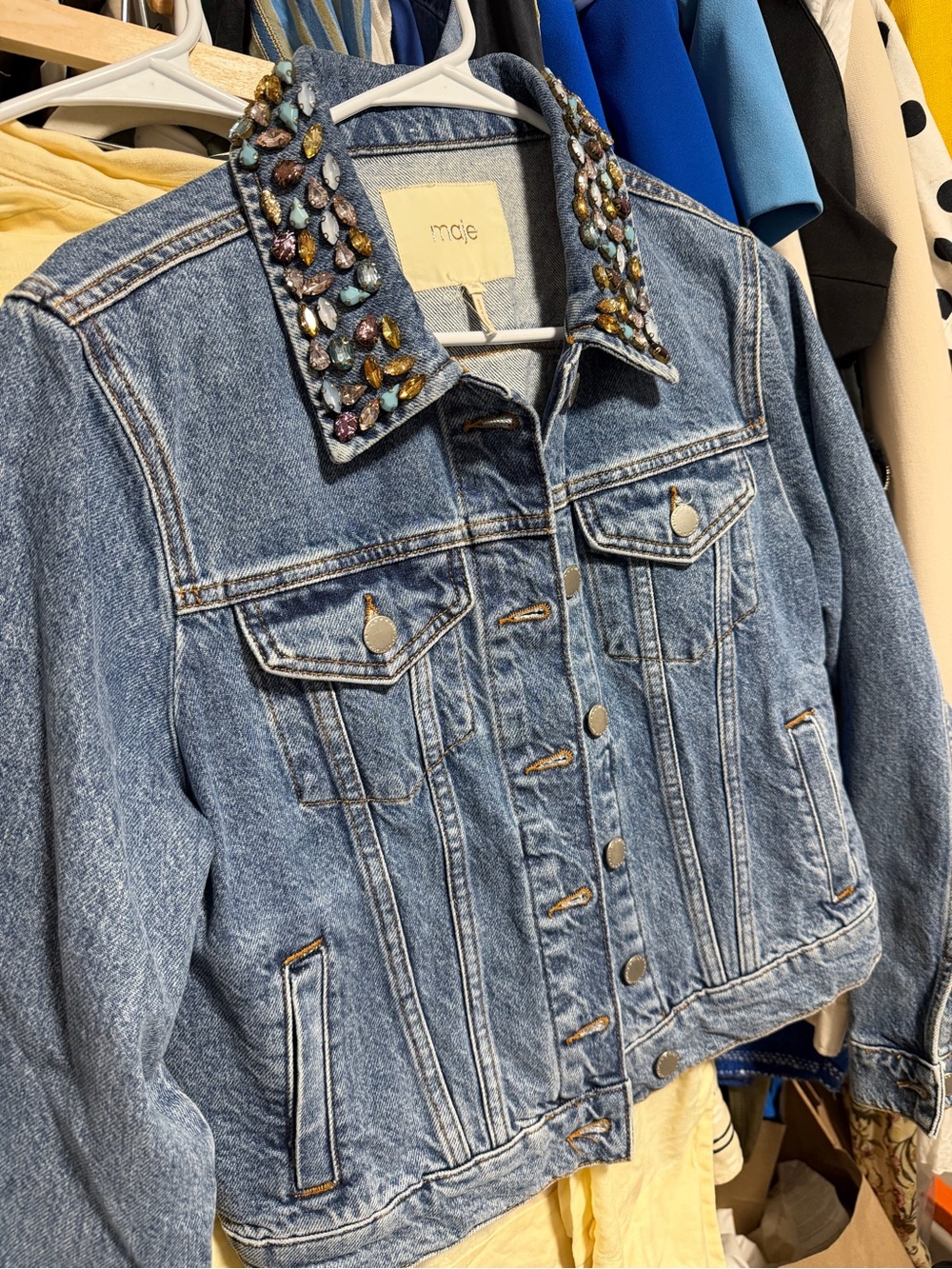 Maje Light Blue Denim Jacket with Jeweled Collar